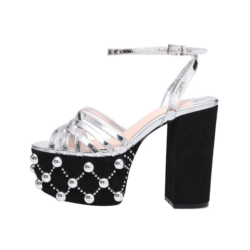 Luxury Brand Women's Summer Fashion Metal Platform Sandals Large 34-42 Super High Heel Thick Bottom Rivet Party Women's Shoes