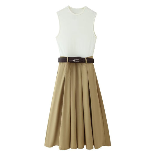 Fashion Patchwork Pleated Long Dress With Belt Women Chic Sleeveless Tank Maxi M