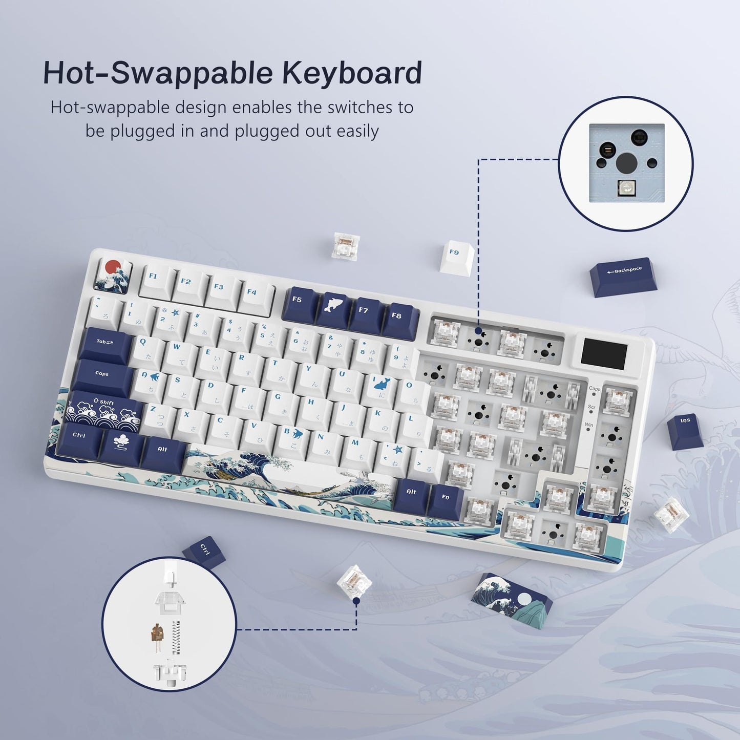 Teclado Mecânico Womier SK80 Gasket Mounted, Teclado Gamer de 81 Teclas 75% com Hot Swap RGB e Tela Inteligente para PC