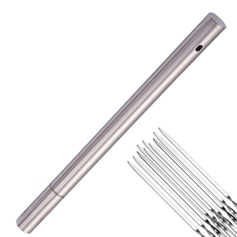 Stainless Steel Barbecue Skewer Storage Tube Charcoal Grill Skewer Flat BBQ Fork Kitchen Outdoor Camping Accessories Utensils