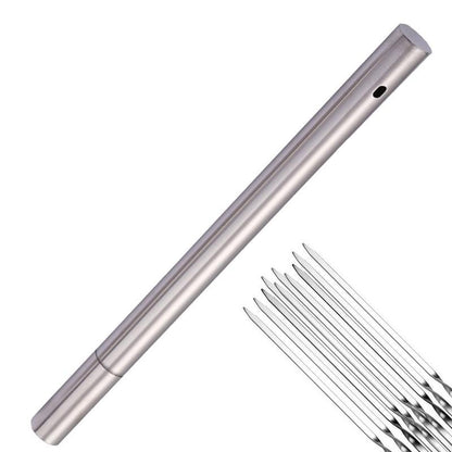 Stainless Steel Barbecue Skewer Storage Tube Charcoal Grill Skewer Flat BBQ Fork Kitchen Outdoor Camping Accessories Utensils
