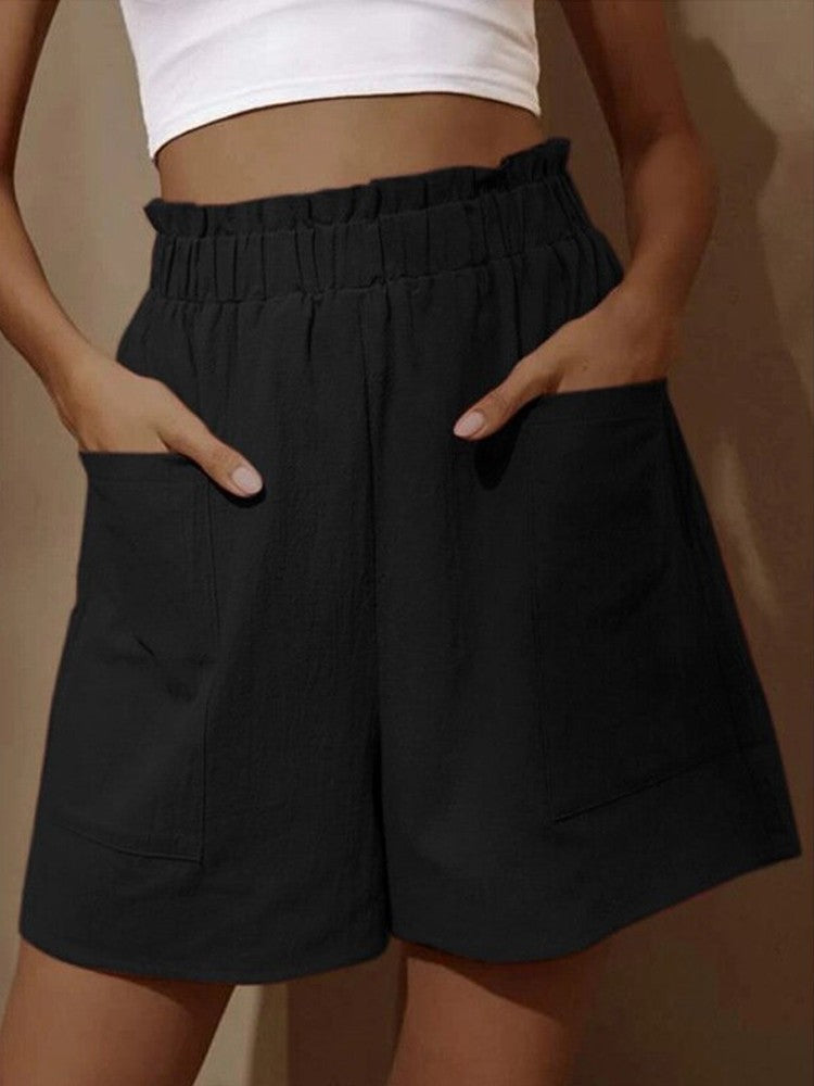 Summer New Loose Large Size Casual Shorts Women's Solid High Waist Casual Pants Two Pockets Wide Leg Pants Female Shorts Sport