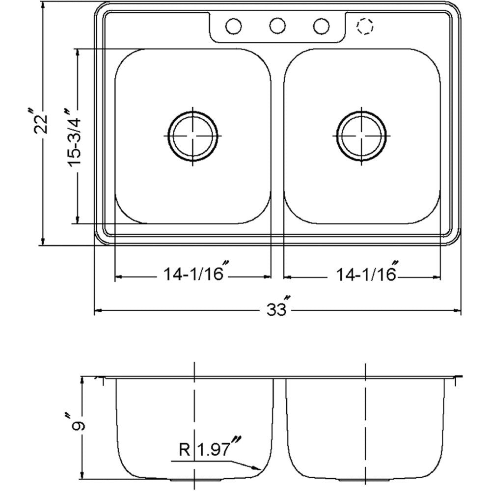 3322-9BS3-1 Glowtone Series Pia de Cozinha Dupla de Embutir em Aço Inoxidável 50/50, 9 Polegadas de Profundidade