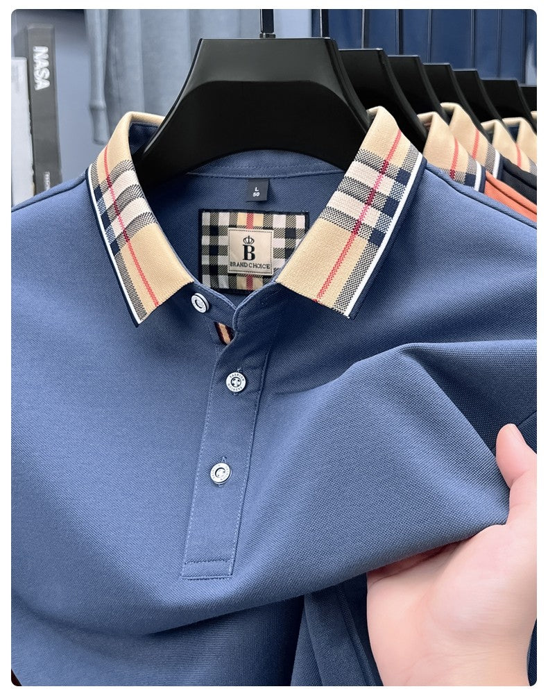 Luxury brand long sleeve polo shirt men comfortable casual autumn item silk cotton high-end Korean fashion plaid lapel T-shirt