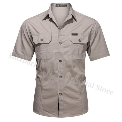 New Men's Work Shirt Casual Retro 100% Cotton Short Sleeve Flying Cargo Shirt Men's Summer Fishing Hunting Multi Pocket Shirt