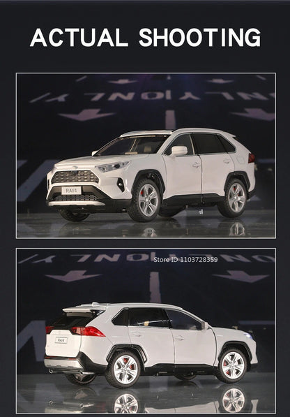 Miniaturas de carros Highlander RAV4 em liga fundida escala 1:24, com som, luz, portas que abrem, função de fricção e absorção de choque – Presente para meninos