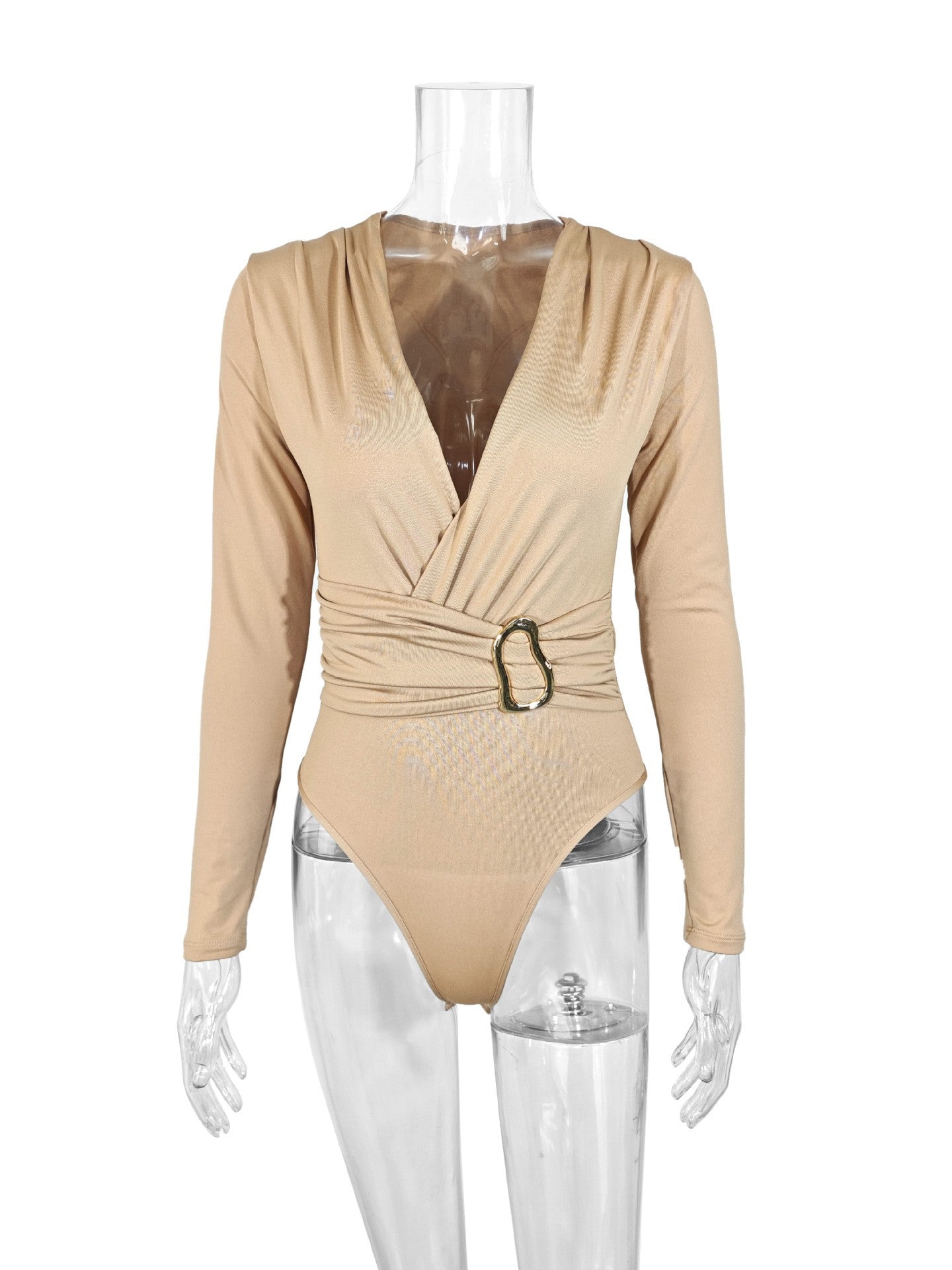 2025 Spring Autumn Deep V Neck Long Sleeve Bodysuits Women Fashion Solid Slim Fit Pleated T-Shirt Casual Female Jummsuits Tops