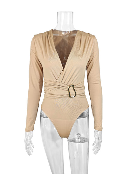 2025 Spring Autumn Deep V Neck Long Sleeve Bodysuits Women Fashion Solid Slim Fit Pleated T-Shirt Casual Female Jummsuits Tops