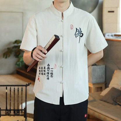 2023 New Chinese Style Shirt Mens Tops Tang Suit Linen 3/4 Sleeve  Traditional Kung Fu China Type Hanfu Shirt Plus Size 4Xl 5Xl