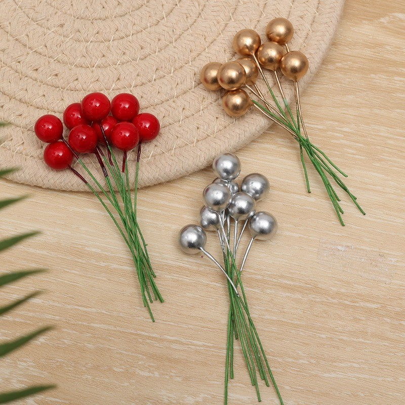 5-100Pcs Artificial Holly Berry Green Leaves Christmas Ornaments Gold Red Holly Berry Stems Xmas Tree Wreath Gifts Party Decor