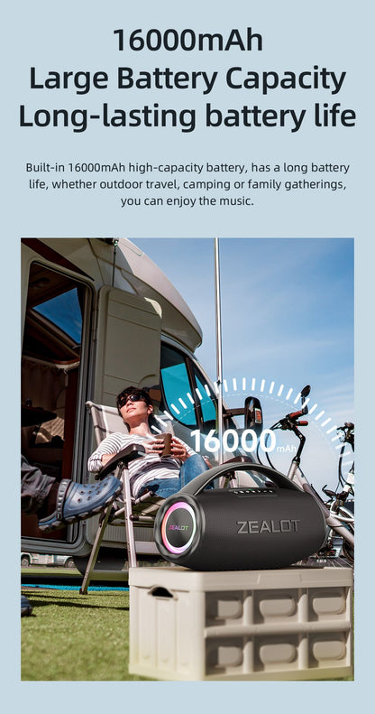 Caixa de Som Bluetooth ZEALOT-S97 80W Potente, Sem Fio com Alça Portátil, para Festa, Acampamento, Luz Colorida RGB