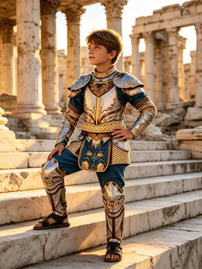 Kids knight armored jumpsuit with printed armor patterns for themed party and role-play activities