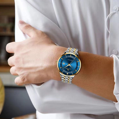 2024 New Men Watch Stainless Steel Business Style Luxury Rhinestone 43mm Blue Gold Quartz Movement Wristwatch Relogios Masculino