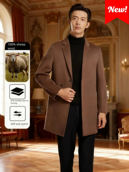 Men's 100% Wool Blend Overcoat - British-Inspired Mid-Length Trench Coat for All-Weather Smart Casual Wear