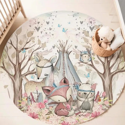 Children's Play Round Floor Mat Cartoon Giraffe Sika Deer Carpet Children's Bedroom Bedside Non Slip Rug Home Decoration