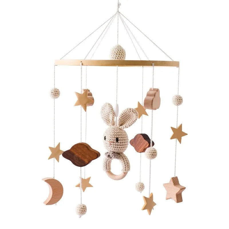 Caixa de Música de Berço Giratória para Bebê Brinquedos Suspensos de Grão de Madeira 360° Móbile de Berço Musical para Recém-Nascidos 0-12 Meses Chocalhos de Bebê