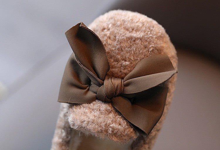 Girls Winter Shoes Cotton-padded Warm Cotton Fur Fluffy Children Flats Kids Loafers Slip-on Princess Sweet Anti-slippery Bowtie