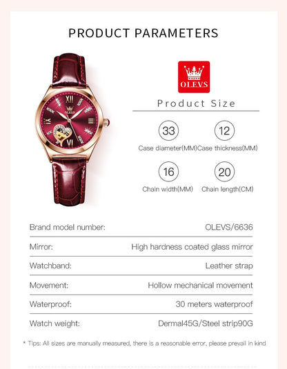 OLEVS 6636 Luxury Women Watch Fully Automatic Hollow Design Diamond Heart shaped Watch Elegant Mechanical Women Bracelet Watch