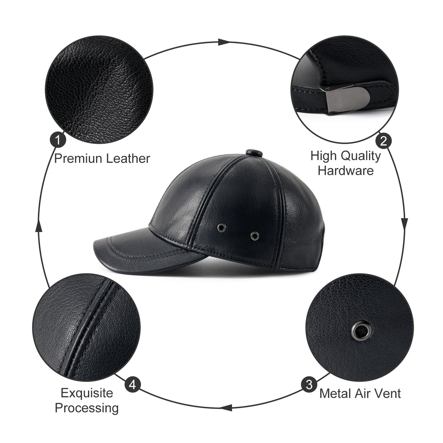 FEINION Men's Adjustable Baseball Cap Winter Driving Hunting Fishing Hat Genuine Leather Ivy Fashion Beret Flat Cap.