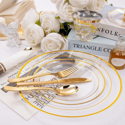 350PCS Clear Gold Plastic Dinnerware Set for 50 Guests Thanksgiving Plates Disposable Include: 50 Dinner Plates 50 Dessert Plat