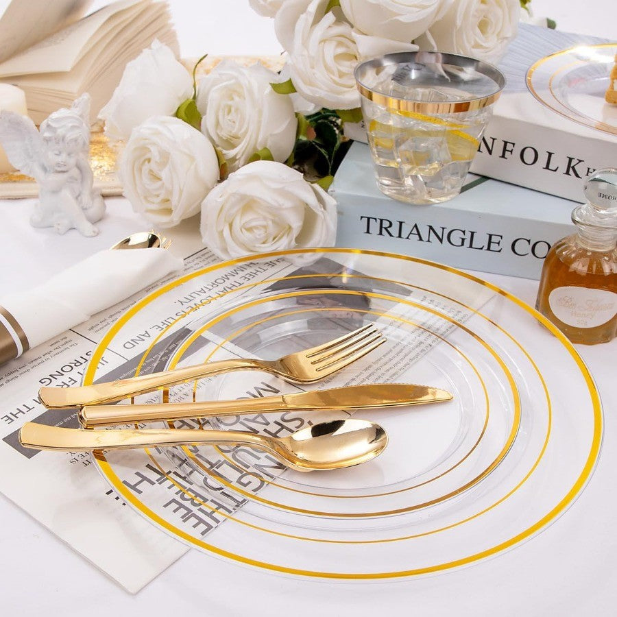 350PCS Clear Gold Plastic Dinnerware Set for 50 Guests Thanksgiving Plates Disposable Include: 50 Dinner Plates 50 Dessert Plat