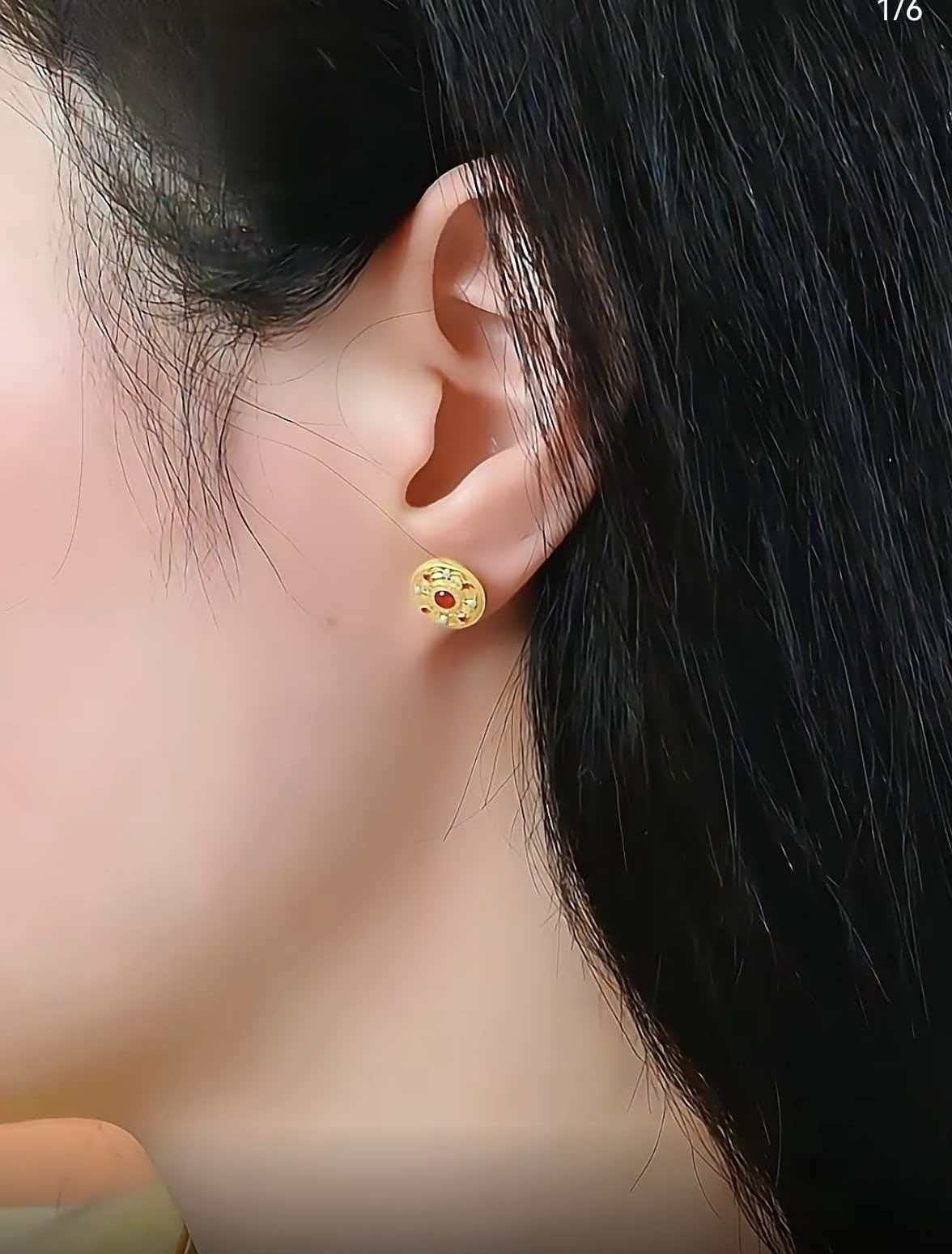 Elegant Enamel Craft Enamel Eight Treasures Compass Stud Earrings For Women 24K Gold AU999, Delicate glaze with ancient charm