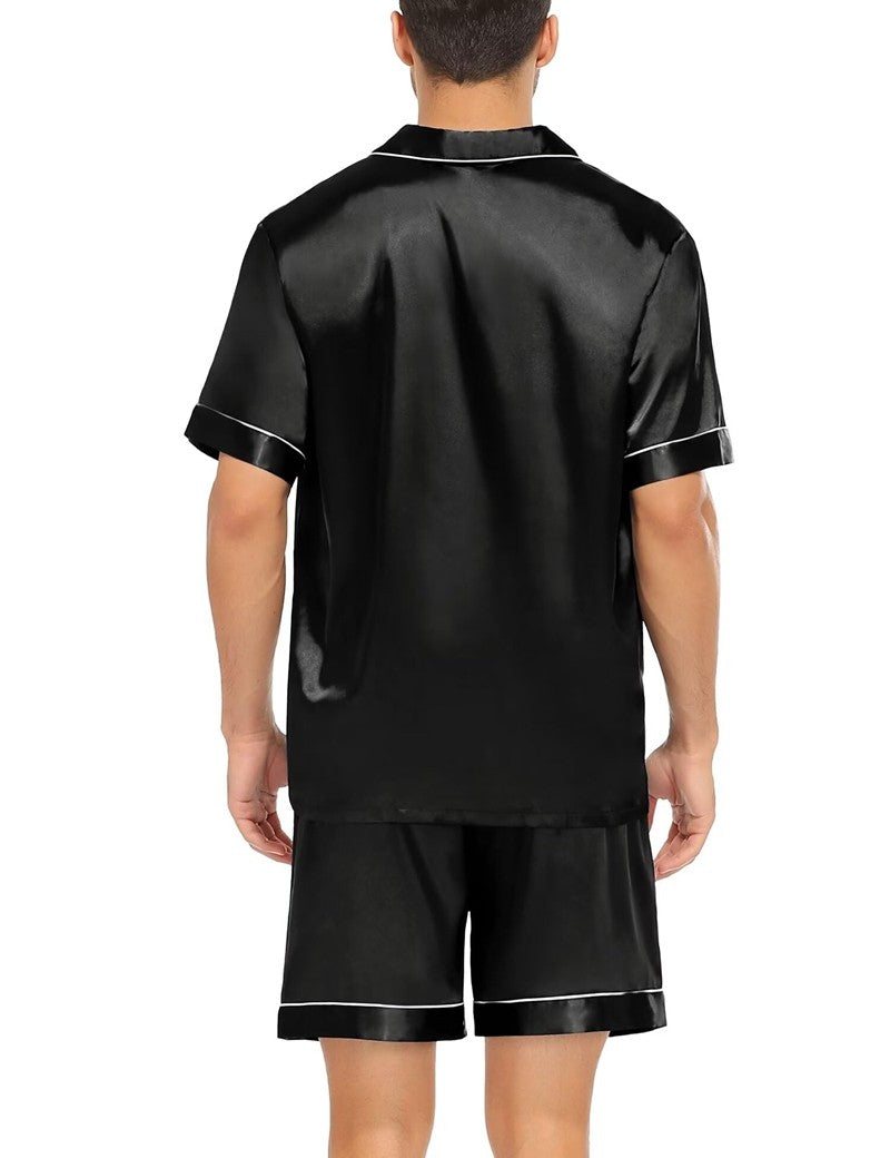 Men's Luxury Satin Pajama Set Short Sleeve Lapel Front Buttons Top And Elastic Shorts Comfortable Fit Loungewear Sleepwear Pjs