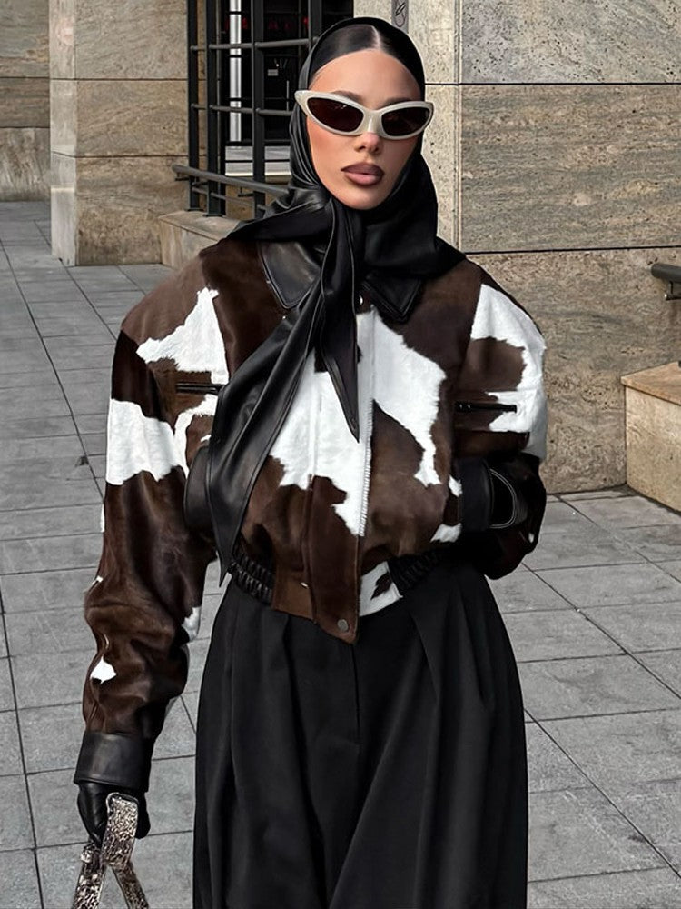 Fashion Women's Cow Print Jacket Lapel Collar Short Length Zipper Button Coats 2025 Autumn Winter Female Trendy Warm Outerwear