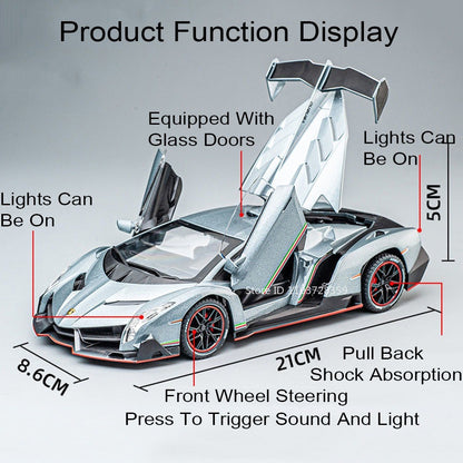 1:24 Countach LP500S VENENO Miniatura de Carro Esportivo Brinquedo Liga Fundida Luz e Som Puxar para Trás Portas Abertas Coleção Supercarro