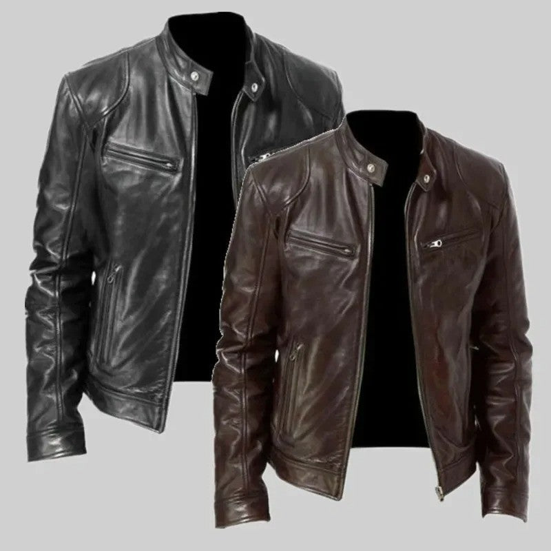 Fashionable Men's Stand Collar Slimming Leather Jacket Zipper Pocket Decorative Pu Leather Motorcycle Coat