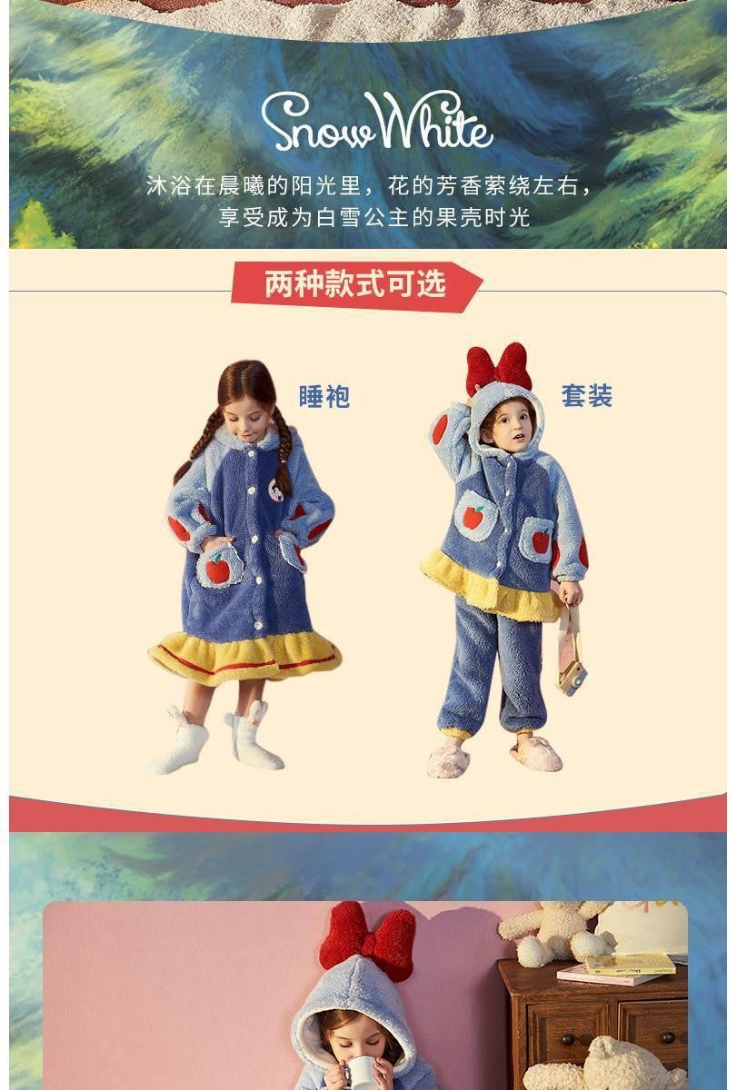 Disney Snow White Kids Hooded Robe Winter Princess Child Thick Keep Warm Long Nightgown Front Button Coral Fleece Soft Bathrobe