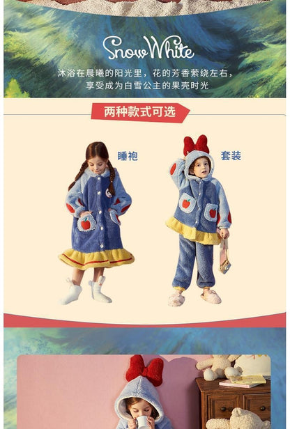 Disney Snow White Kids Hooded Robe Winter Princess Child Thick Keep Warm Long Nightgown Front Button Coral Fleece Soft Bathrobe