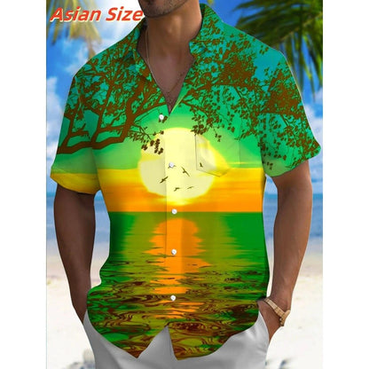 Ocean Beach Pattern Lapel Shirt For Men Coconut Tree 3D Printed Hawaiian Shirts Fashion Short Sleeve Tops Harajuku Button Blouse