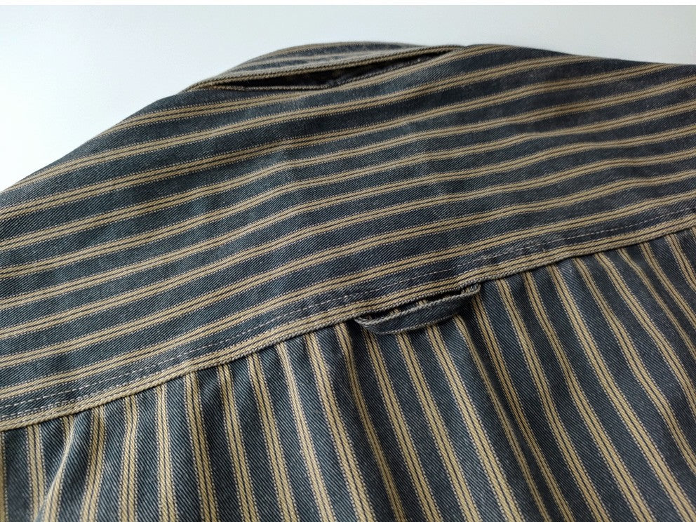 2025 Spring and Autumn New American Retro Woven Striped Cargo Shirt Men's Simple 100% Cotton Washed Double Pockets Thin Jacket