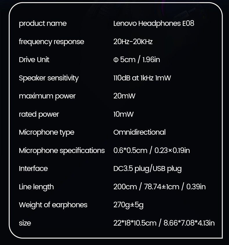 Fone de ouvido gamer com fio Lenovo E08 com microfone, luz RGB para computador e laptop, efeitos de som surround virtual 7.1, headset para E-sports