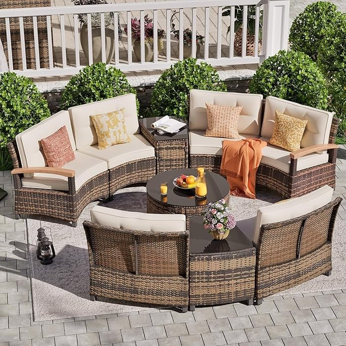 9 Piece Outdoor Patio Furniture Set, Half-Moon Curved Sectional Sofa Rattan Conversation Set with Wood Armrests, Coffee Table