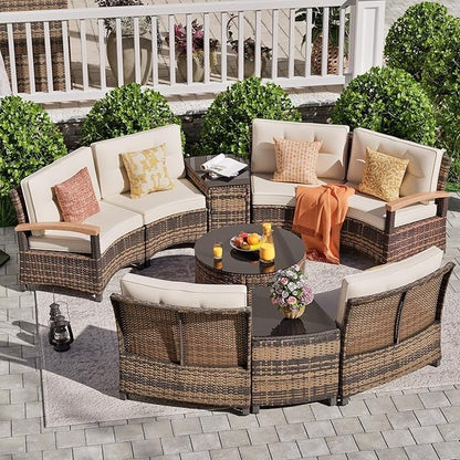 9 Piece Outdoor Patio Furniture Set, Half-Moon Curved Sectional Sofa Rattan Conversation Set with Wood Armrests, Coffee Table
