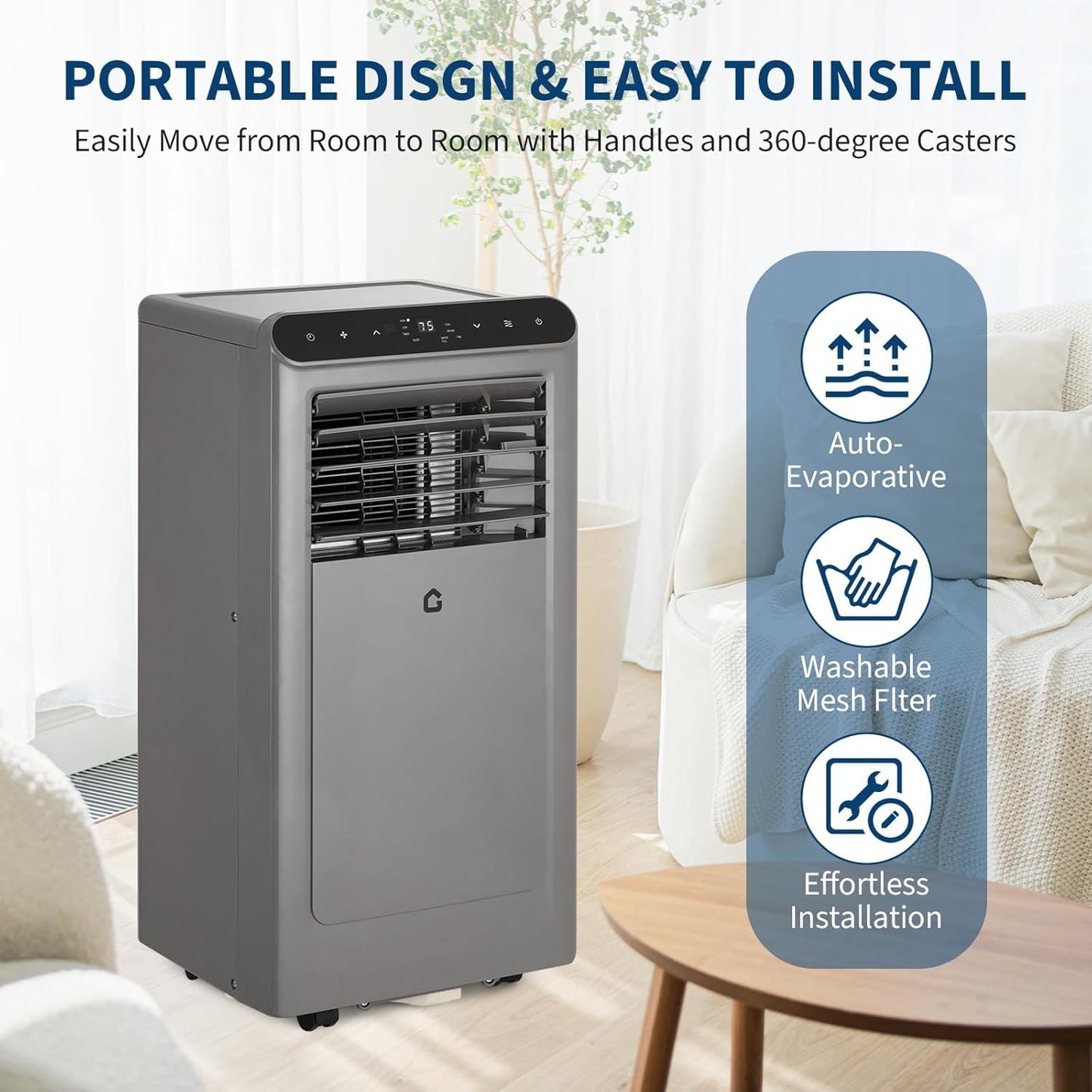 Ar Condicionado Portátil, 10000 BTU ASHRAE (6000 BTU DOE) para Cômodos de até 450 Pés Quadrados, Silencioso 3 em 1 com Função Ventilador e Controle Remoto