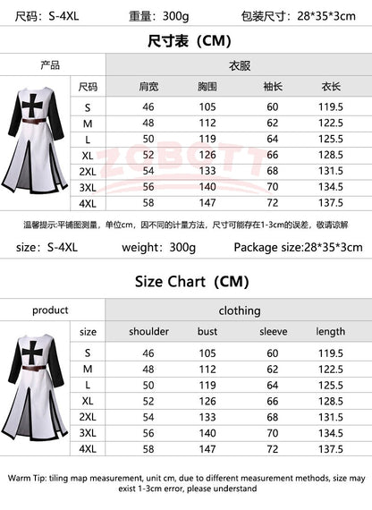 Men's Medieval Templar Knight Surcoat Set Renaissance Warrior Tunic Cloak with Belt Halloween Cosplay Outfit