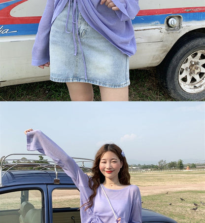 Women's 2025 Women's Summer New Beach Long sleeved Sunscreen Jacket Loose Hoodie Drawstring Upward Shirt