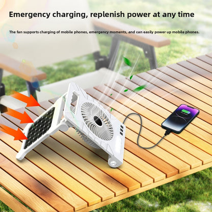 Powered Camping Solar Fan - Portable Rechargeable Handheld Fan with LED Light, Power Bank for Outdoor, Fishing, and Wild Camping