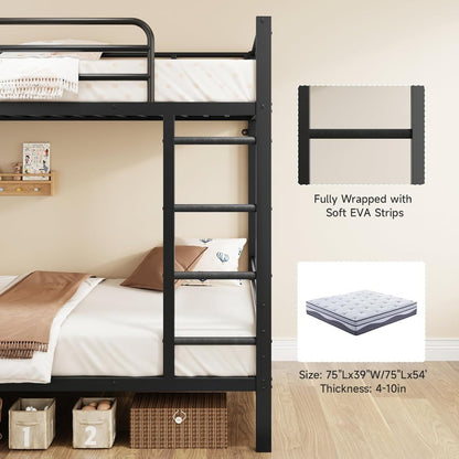 Twin Over Twin Metal Bunk Beds with Power Outlets & Desk, Heavy-Duty Frame with Safety Guardrail & Ladders, U