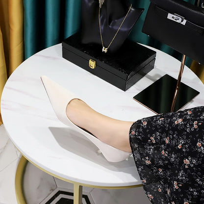 New Big Size Women's Boat Shoes Leather 4.5cm High Heels Pointed Toe Pumps Stilettos Basic Pump For Female White Black Wine Red