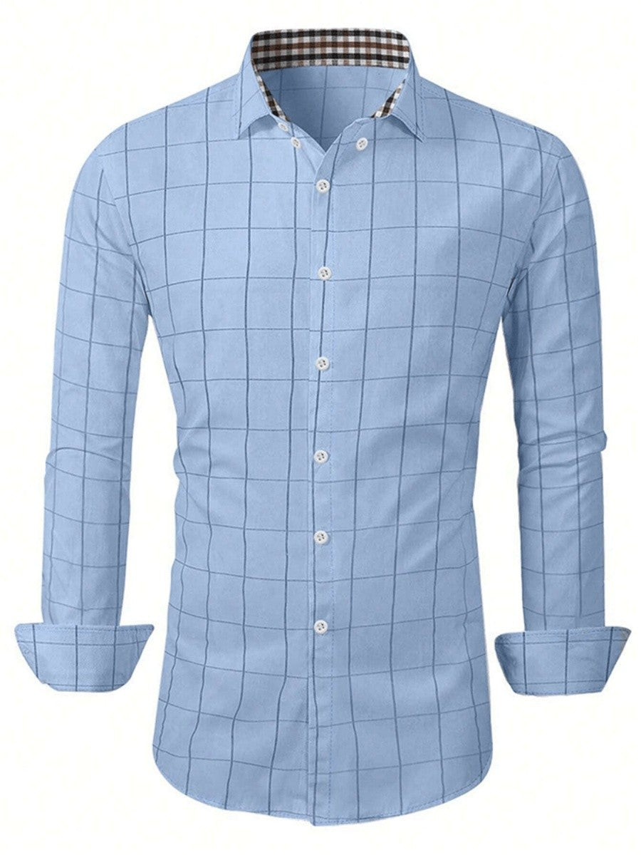 New men's spring-autumn check buttoned shirt - luxurious long-sleeved check shirt, large-sized lapel casual business blouse
