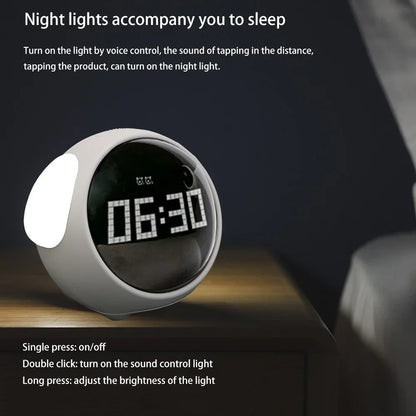 Cute Digital Emoji Alarm Clock with 5Voices Snooze Function Date Temperature 12/24 Hours Clock with Voice Activated Night Light