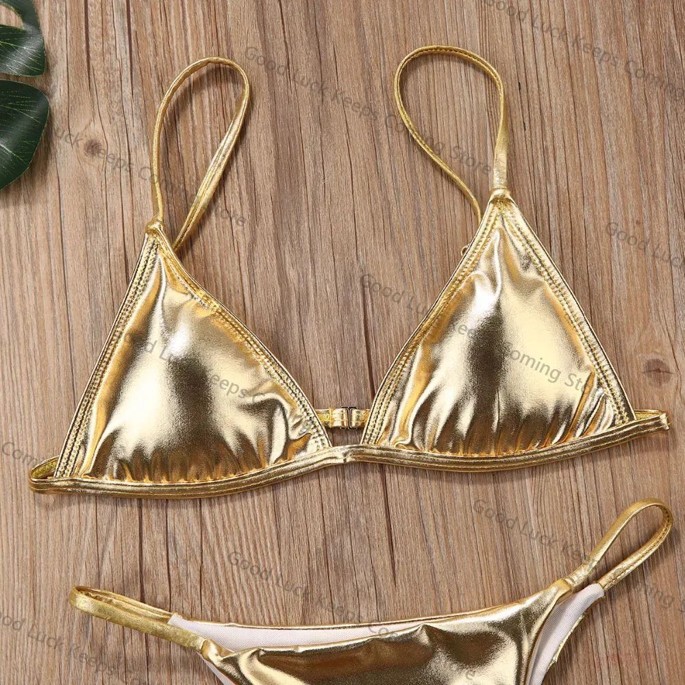 Women Sexy Thong Bikini Set Silver Gold Sequinis Biquini Swimwear 2025 Summer Push Up Padded Bra Bathing Suit Beach Wear
