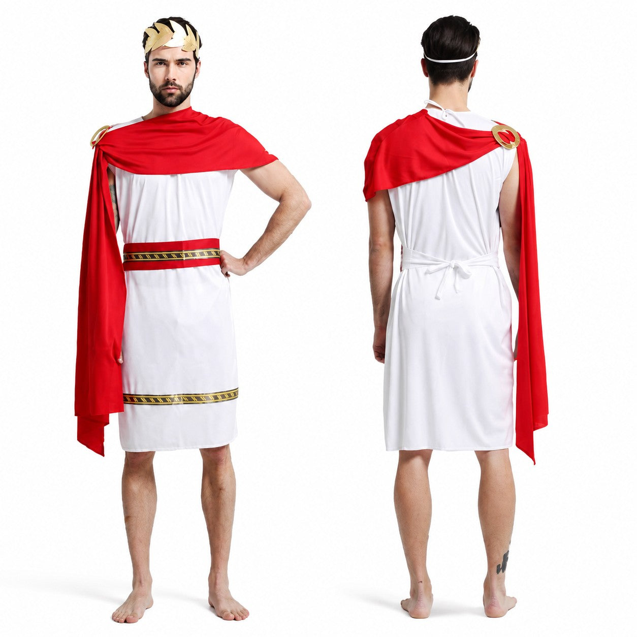Roman Greek Costume Adult Men Women Couple Toga White Tunic Red Cape Gold Laurel Wreath Halloween Carnival Cosplay Outfit Set