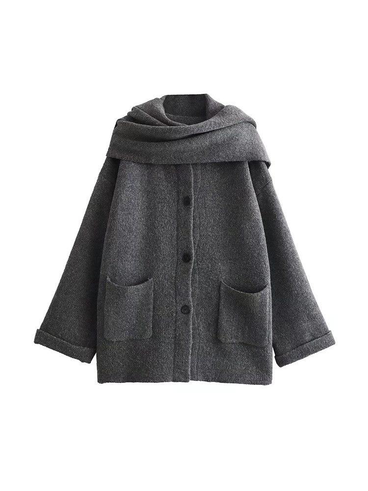 Women's Fashion Scarf Short Knit Coat Jacket Loose Warm Long Sleeve Two Pieces Solid Color High Street O-Neck Outerwear