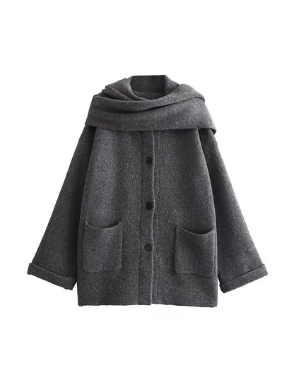 Women's Fashion Scarf Short Knit Coat Jacket Loose Warm Long Sleeve Two Pieces Solid Color High Street O-Neck Outerwear