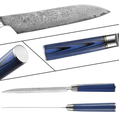 Conjunto de Facas de Cozinha 1-7 Peças, Aço Damasco Ultra Afiado para Chefe, Pão, Santoku, Desossar, Utilitárias, Lâmina com Padrão de Rosa Cabo G10 Azul